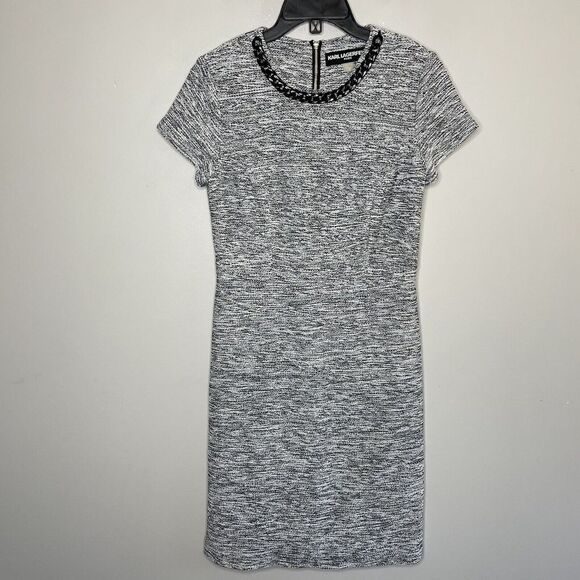 KARL LAGERFELD Dress Womens 2 Black White Tweed Woven Sheath Dress Short Sleeve - Picture 1 of 9